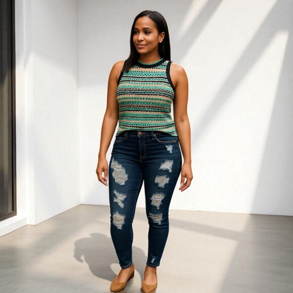 Blue Distressed Raw Hem Denim Pants - Picture 7 of 7